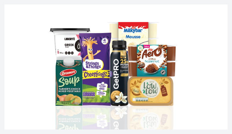 A promotional image showing a variety of food products arranged on a red background.