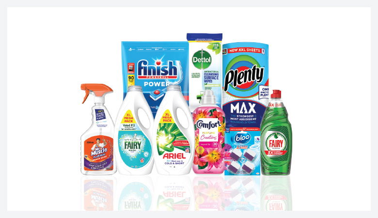 A promotional image showcasing various household cleaning and laundry products against a red backdrop.
