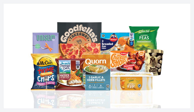 A promotional image showing a variety of frozen food items arranged on a red background.