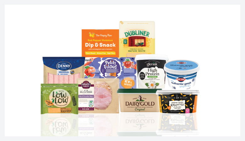 A promotional image showing a variety of food products arranged on a red background.