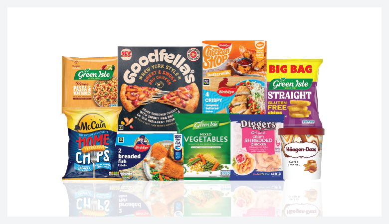 A promotional image showing a variety of frozen food items arranged on a red background.