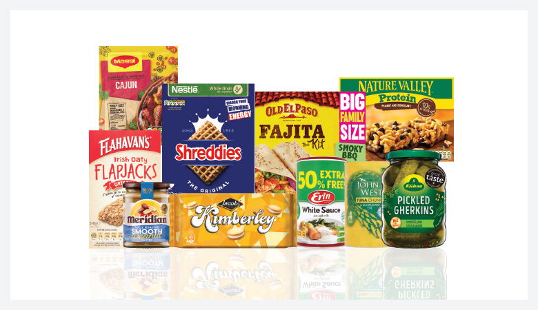 A promotional image displaying various grocery items against a red backdrop.