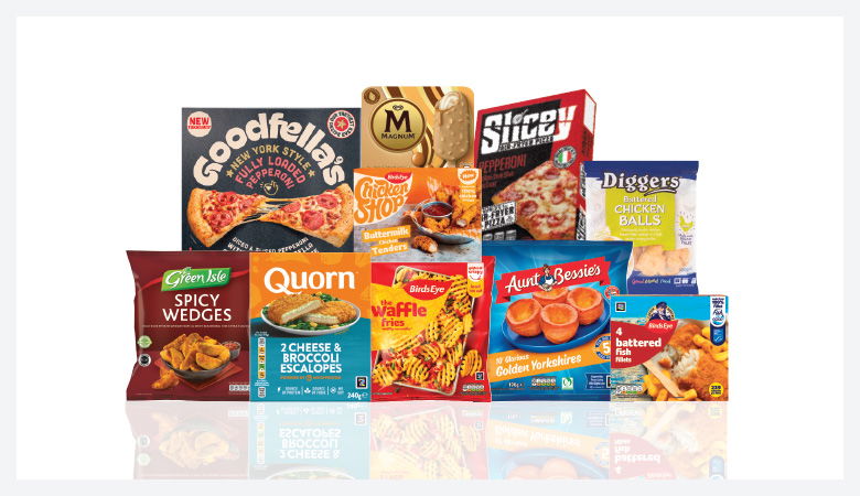 A promotional image showing a variety of frozen food items arranged on a red background.
