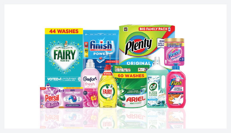A promotional image showcasing various household cleaning and laundry products against a red backdrop.