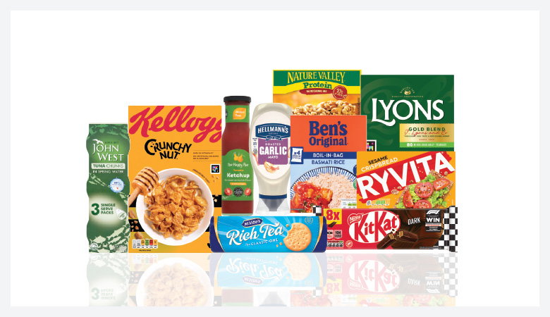 A promotional image displaying various grocery items against a red backdrop.