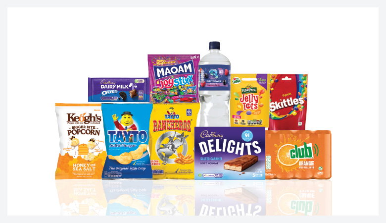 A promotional image showcasing a variety of snack foods and drinks against a red backdrop.