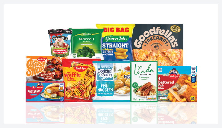 A promotional image showing a variety of frozen food items arranged on a red background.