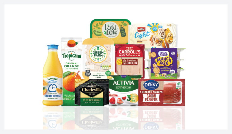 A promotional image showing a variety of food products arranged on a red background.
