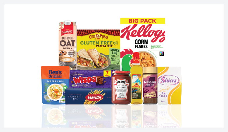 A promotional image displaying various grocery items against a red backdrop.