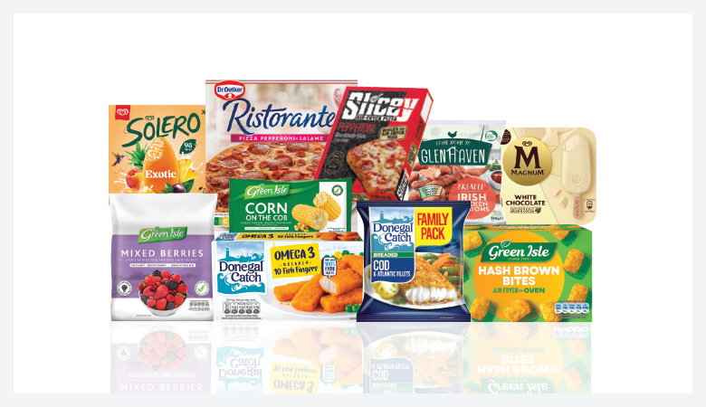 A promotional image showing a variety of frozen food items arranged on a red background.