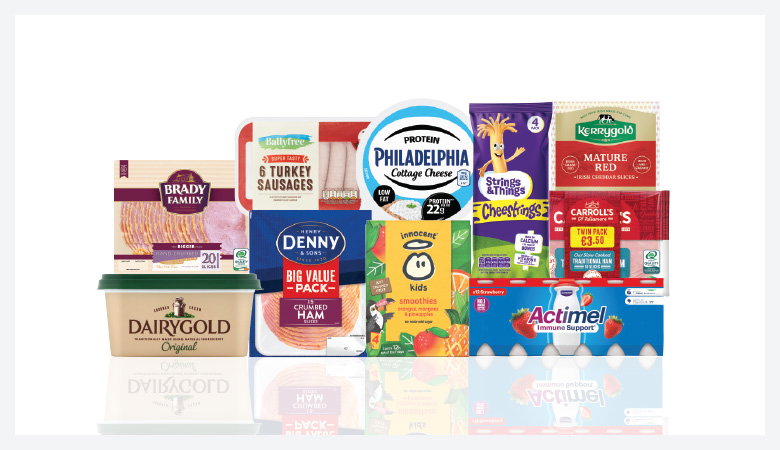 A promotional image showing a variety of food products arranged on a red background.