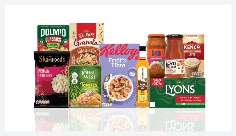 A promotional image displaying various grocery items against a red backdrop.