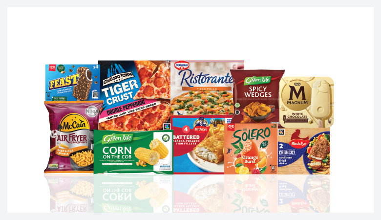 A promotional image showing a variety of frozen food items arranged on a red background.