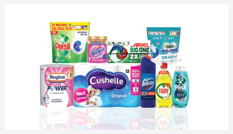 A promotional image showcasing various household cleaning and laundry products against a red backdrop.