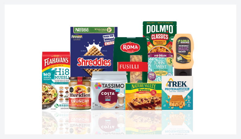 A promotional image displaying various grocery items against a red backdrop.
