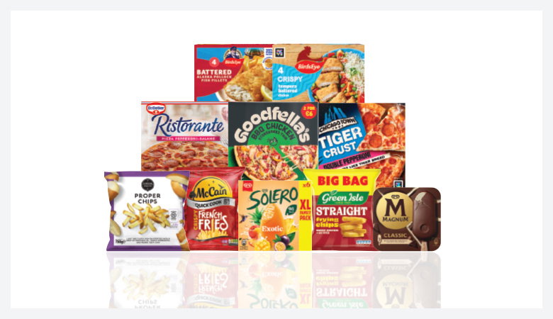 A promotional image showing a variety of frozen food items arranged on a red background.