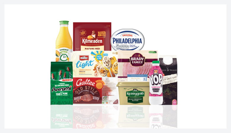A promotional image showing a variety of food products arranged on a red background.