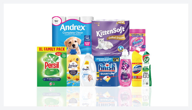A promotional image showcasing various household cleaning and laundry products against a red backdrop.