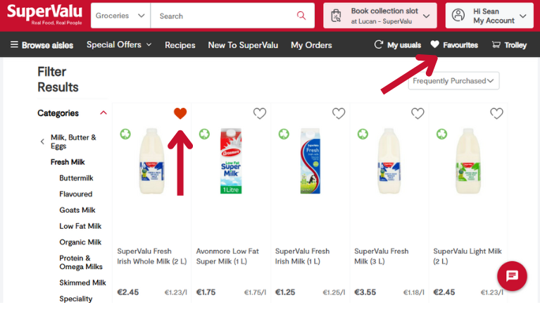 Favourites list on the SuperValu site