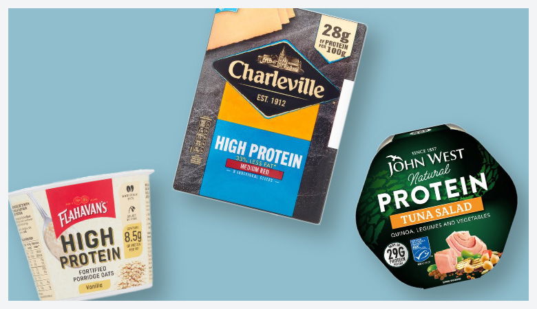 Three high protein food products: porridge oats, cheese slices, and tuna salad.