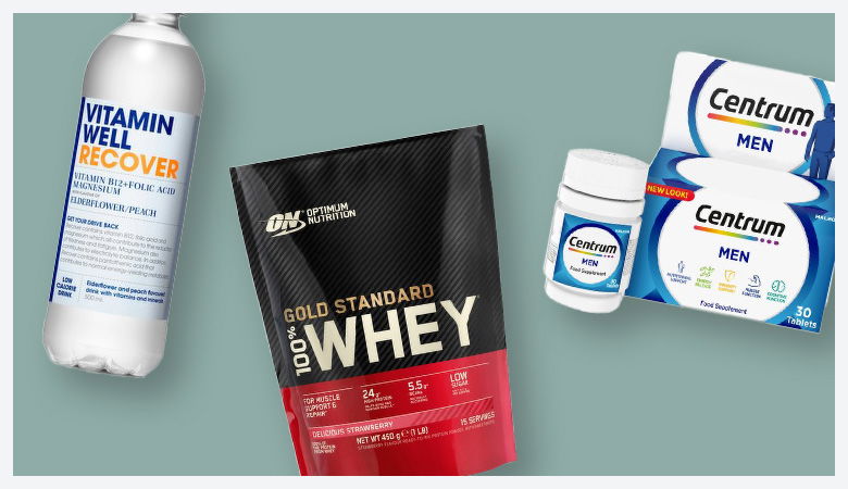 Three health and nutrition products: a vitamin drink, whey protein powder, and Centrum Men multivitamins.