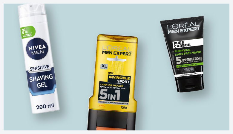 Three men's grooming products: shaving gel, shower gel, and face wash.          Ask ChatGPT