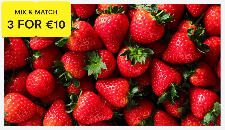 Promotion featuring a selection of fruit and veg 3 for €10
